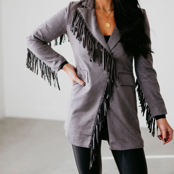Wisteria Lane Suede Blazer Size Large Charcoal Fringe Collared Neckline - Picture 1 of 15